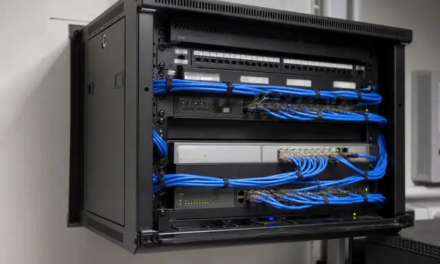 Rack e equipamentos de rede interligados